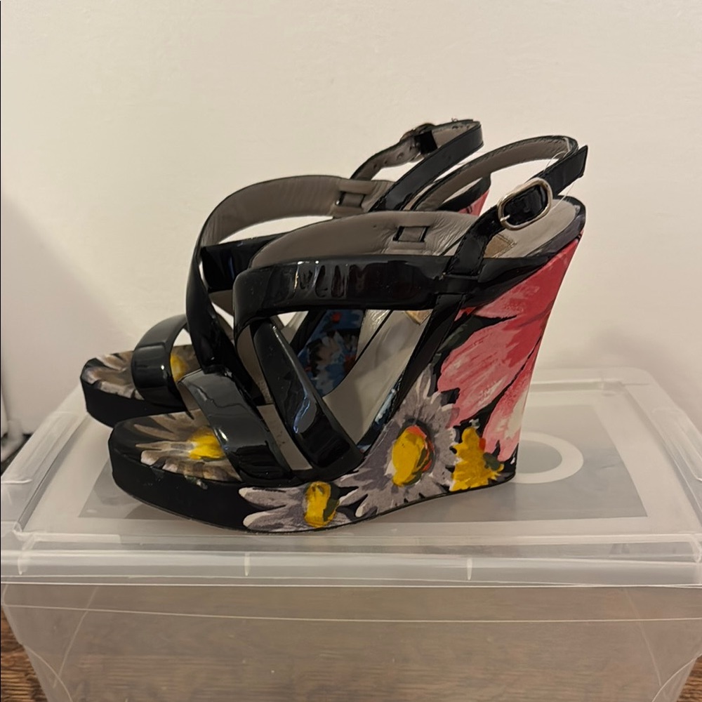 Valentino Black Wedge Sandals with Artistic Design